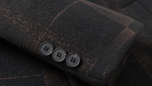 Men's mid-length slim woollen coat in camel and gray colors, featuring premium British wool construction and a flattering silhouette.