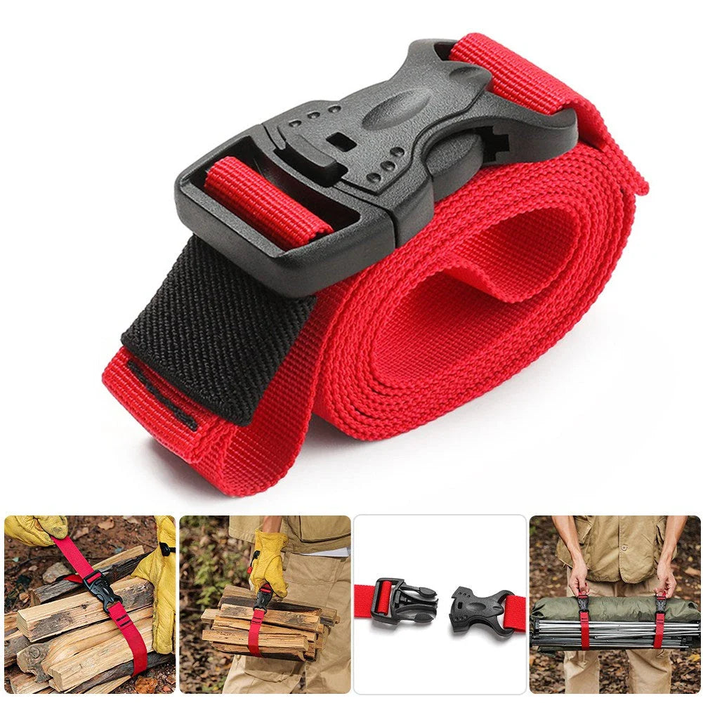 Durable nylon camping cargo tie down strap with adjustable cam buckle for securing outdoor gear and luggage