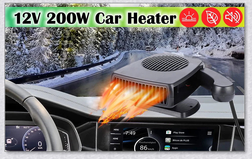 Powerful 12V plug-in car heater and defroster with flexible design and automatic safety features