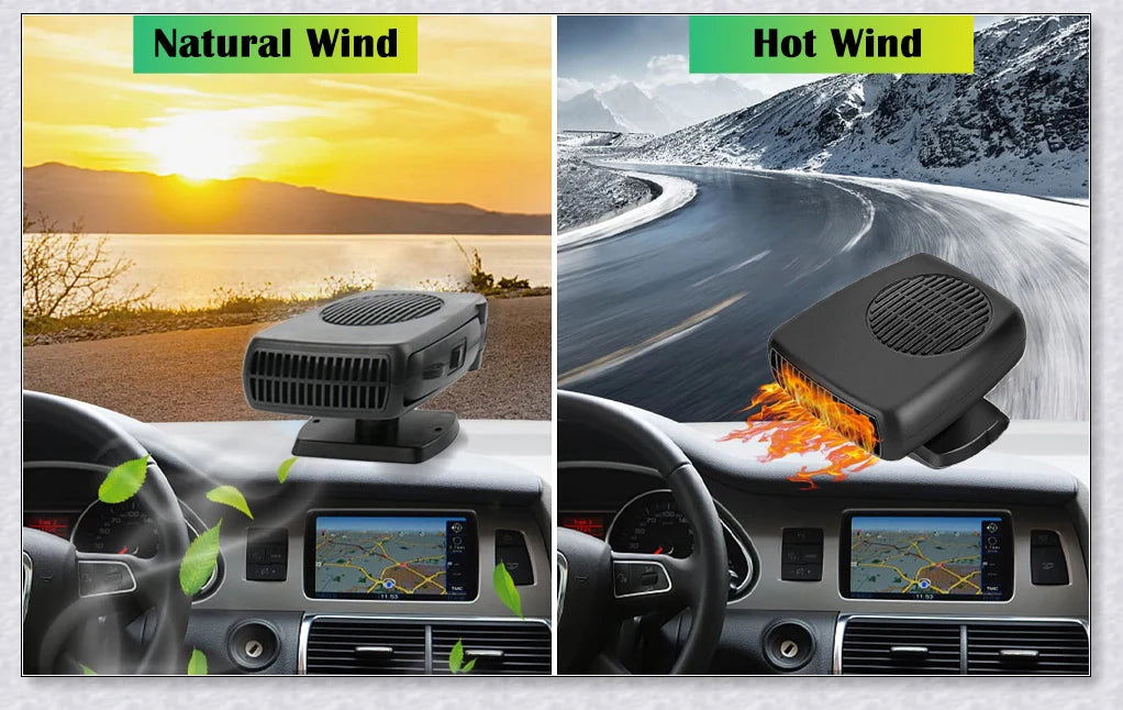 Powerful 12V plug-in car heater and defroster with flexible design and automatic safety features