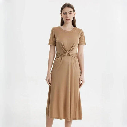 Elegant Silk Blend Mid-Calf Dress in Khaki color, featuring a V-neck, short sleeves, and a flattering empire waistline.