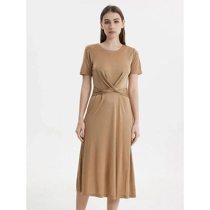 Elegant Silk Blend Mid-Calf Dress in Khaki color, featuring a V-neck, short sleeves, and a flattering empire waistline.