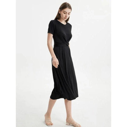 Elegant Silk Blend Mid-Calf Dress in Khaki color, featuring a V-neck, short sleeves, and a flattering empire waistline.