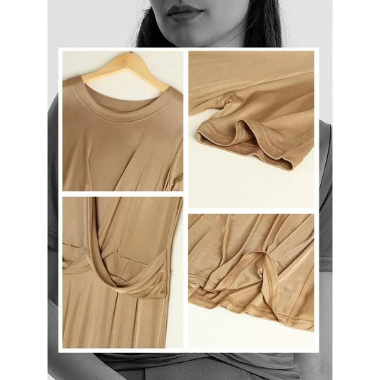 Elegant Silk Blend Mid-Calf Dress in Khaki color, featuring a V-neck, short sleeves, and a flattering empire waistline.