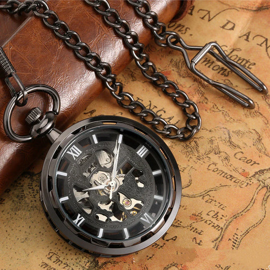 Detailed close-up of a men's retro skeleton mechanical pocket watch with a sleek black and gold design