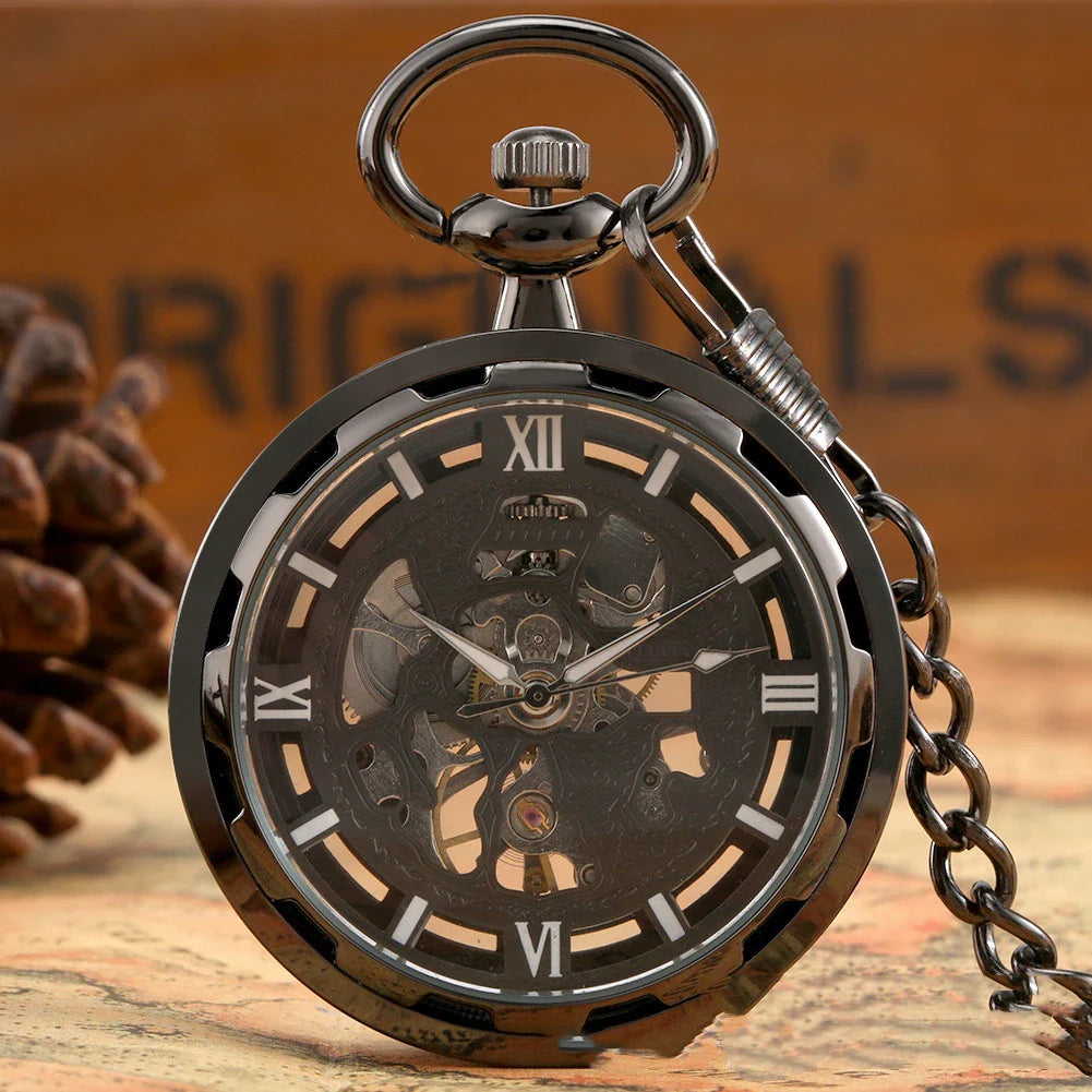 Detailed close-up of a men's retro skeleton mechanical pocket watch with a sleek black and gold design