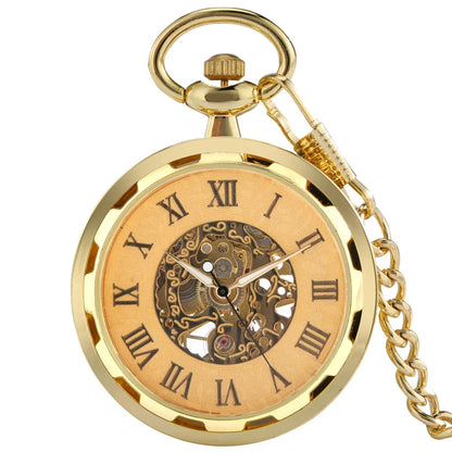 Detailed close-up of a men's retro skeleton mechanical pocket watch with a sleek black and gold design