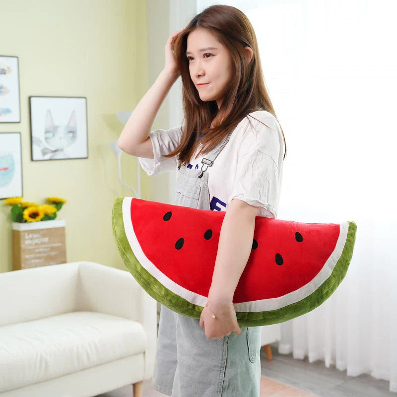 A lifelike plush watermelon toy with a soft, cuddly design that is perfect for children and adults.
