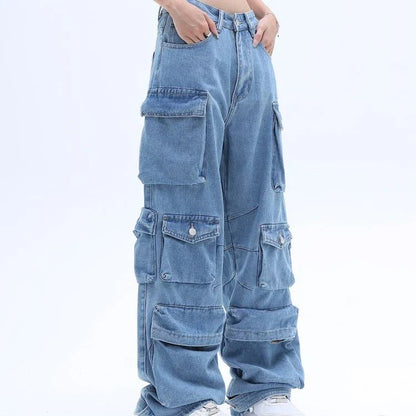American High Street Multi-pocket Washed Baggy Jeans in Blue, featuring a relaxed, baggy fit and multiple pockets for functional style.