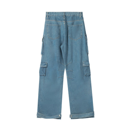 American High Street Multi-pocket Washed Baggy Jeans in Blue, featuring a relaxed, baggy fit and multiple pockets for functional style.