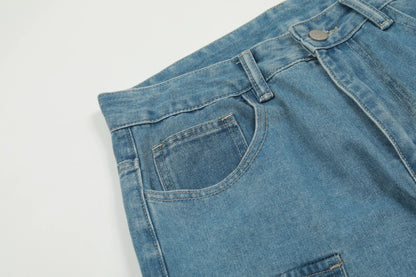 American High Street Multi-pocket Washed Baggy Jeans in Blue, featuring a relaxed, baggy fit and multiple pockets for functional style.