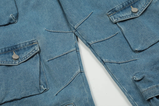 American High Street Multi-pocket Washed Baggy Jeans in Blue, featuring a relaxed, baggy fit and multiple pockets for functional style.