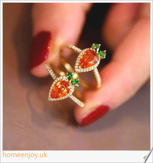 A close-up image of a copper ring with a whimsical carrot-shaped design and micro-inlaid details, showcasing a playful and charming accessory.