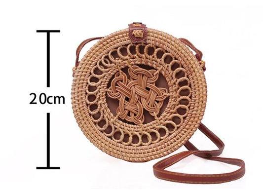 Rattan hand-woven bag with Chinese knot design, showcasing natural material and traditional craftsmanship