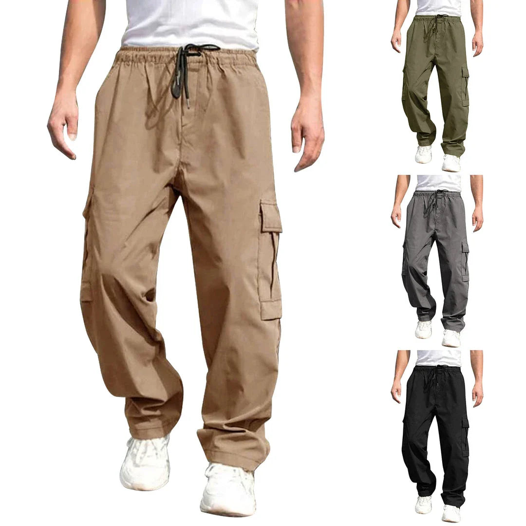 Casual cargo trousers for men in a relaxed, straight-leg fit with a drawstring waist and multiple pockets