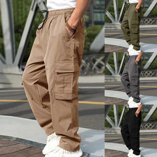Casual cargo trousers for men in a relaxed, straight-leg fit with a drawstring waist and multiple pockets