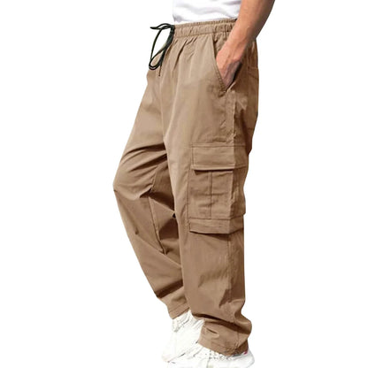 Casual cargo trousers for men in a relaxed, straight-leg fit with a drawstring waist and multiple pockets