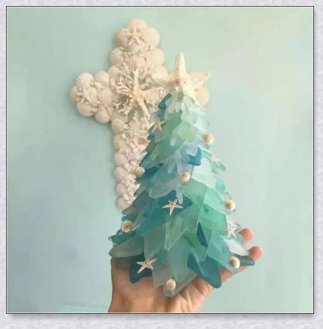 Handcrafted sea glass Christmas tree in coastal blue, green, and turquoise colours