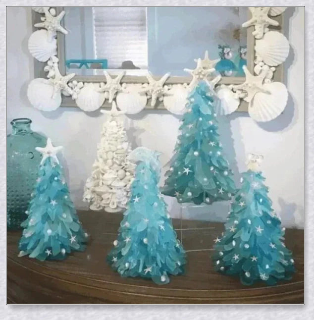 Handcrafted sea glass Christmas tree in coastal blue, green, and turquoise colours