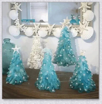 Handcrafted sea glass Christmas tree in coastal blue, green, and turquoise colours