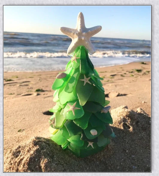 Handcrafted sea glass Christmas tree in coastal blue, green, and turquoise colours