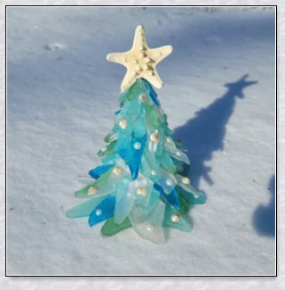 Handcrafted sea glass Christmas tree in coastal blue, green, and turquoise colours