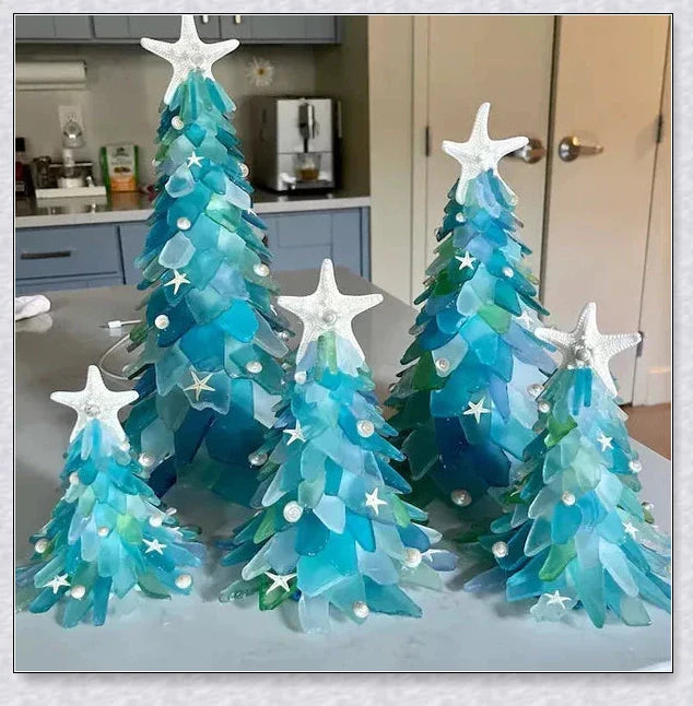 Handcrafted sea glass Christmas tree in coastal blue, green, and turquoise colours