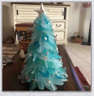 Handcrafted sea glass Christmas tree in coastal blue, green, and turquoise colours