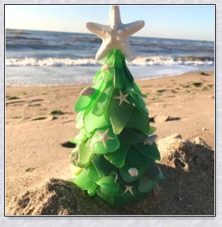Handcrafted sea glass Christmas tree in coastal blue, green, and turquoise colours
