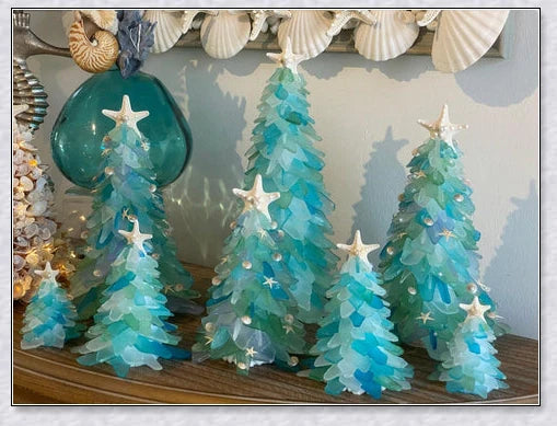 Handcrafted sea glass Christmas tree in coastal blue, green, and turquoise colours