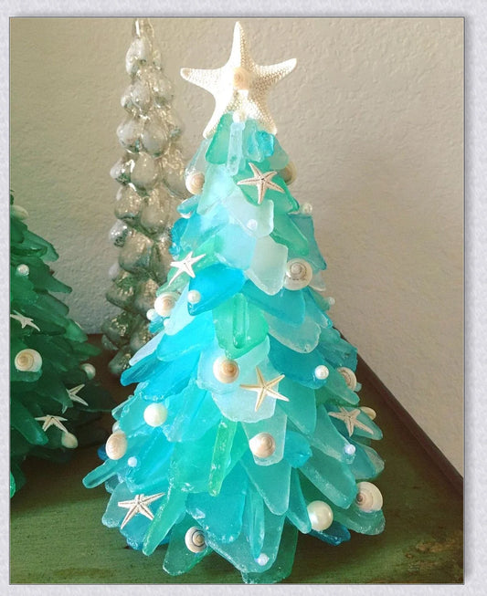 Handcrafted sea glass Christmas tree in coastal blue, green, and turquoise colours