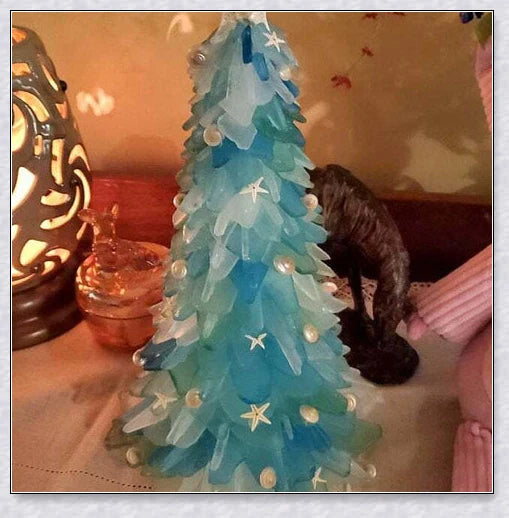 Handcrafted sea glass Christmas tree in coastal blue, green, and turquoise colours