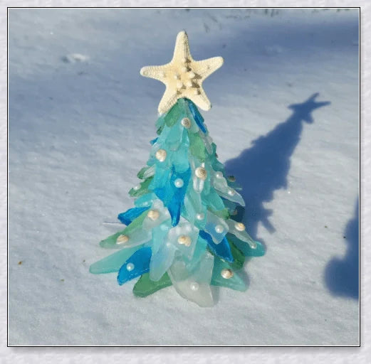 Handcrafted sea glass Christmas tree in coastal blue, green, and turquoise colours