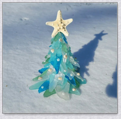 Handcrafted sea glass Christmas tree in coastal blue, green, and turquoise colours