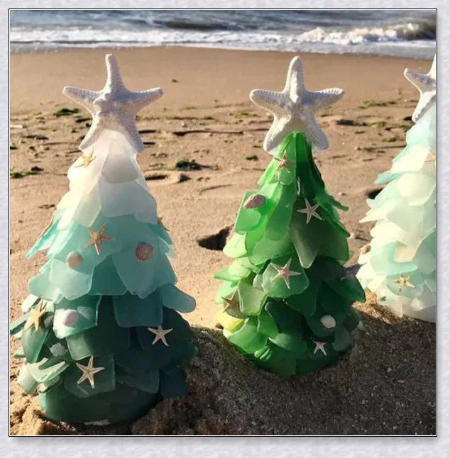 Handcrafted sea glass Christmas tree in coastal blue, green, and turquoise colours