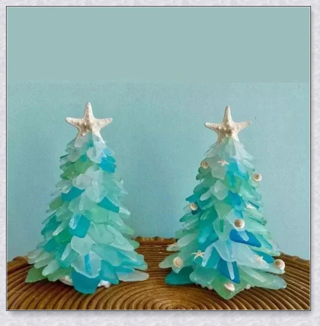 Handcrafted sea glass Christmas tree in coastal blue, green, and turquoise colours
