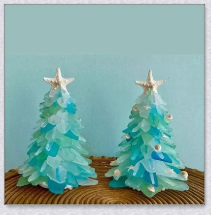 Handcrafted sea glass Christmas tree in coastal blue, green, and turquoise colours
