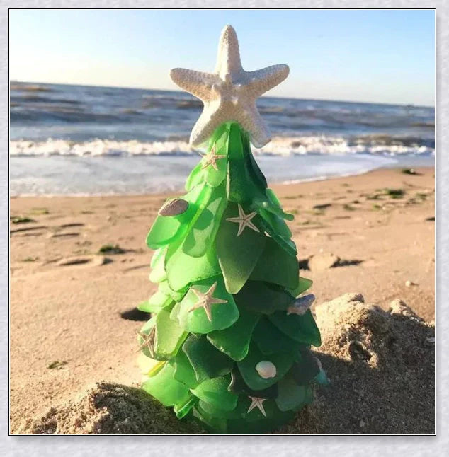 Handcrafted sea glass Christmas tree in coastal blue, green, and turquoise colours