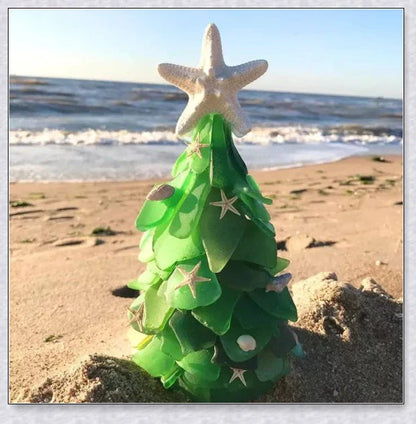 Handcrafted sea glass Christmas tree in coastal blue, green, and turquoise colours