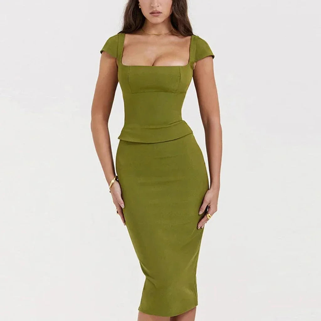 Green Sexy Women's Two Piece Set with Square Collar Short Sleeve Top and Midi Skirt in Bodycon Fit