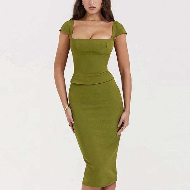 Homeenjoy_UK Green Sexy Women Two Piece Set - Square Collar Short Sleeve Tops And Midi Skirt Matching Sets