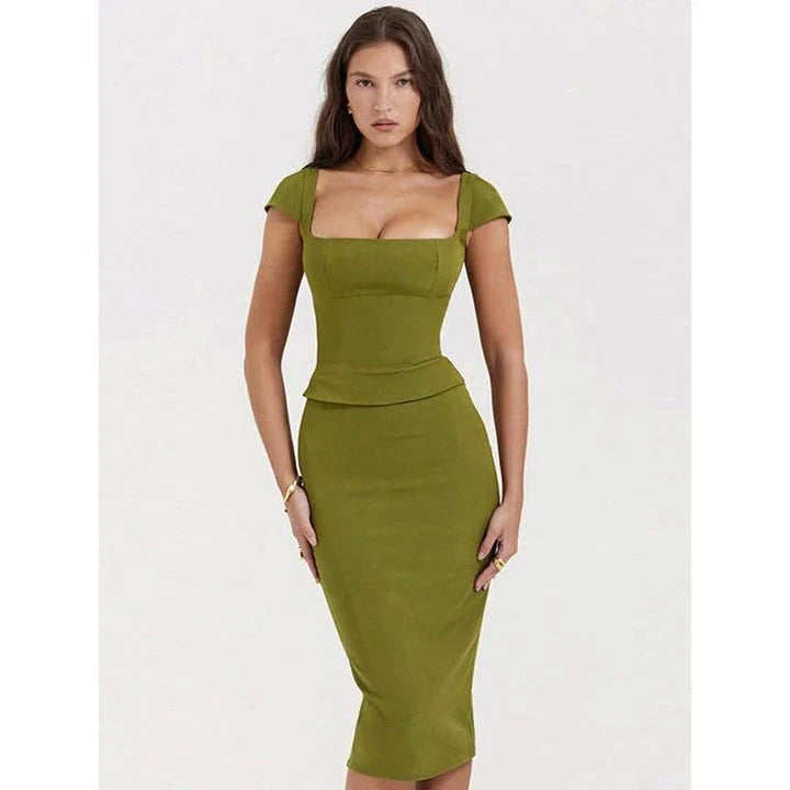 Green Sexy Women's Two Piece Set with Square Collar Short Sleeve Top and Midi Skirt in Bodycon Fit