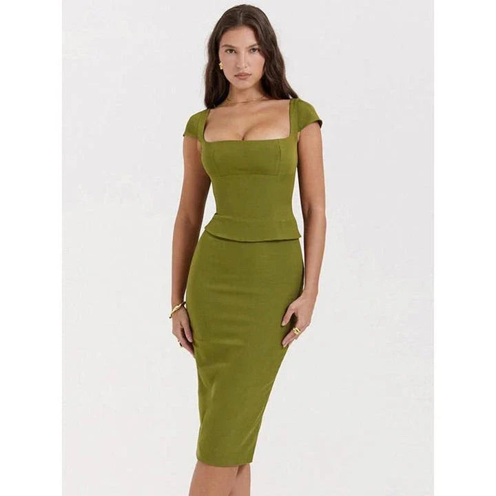 Green Sexy Women's Two Piece Set with Square Collar Short Sleeve Top and Midi Skirt in Bodycon Fit