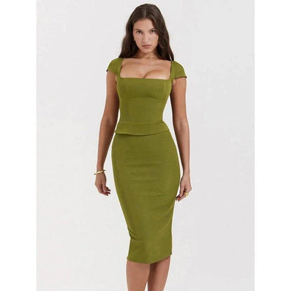 Green Sexy Women's Two Piece Set with Square Collar Short Sleeve Top and Midi Skirt in Bodycon Fit