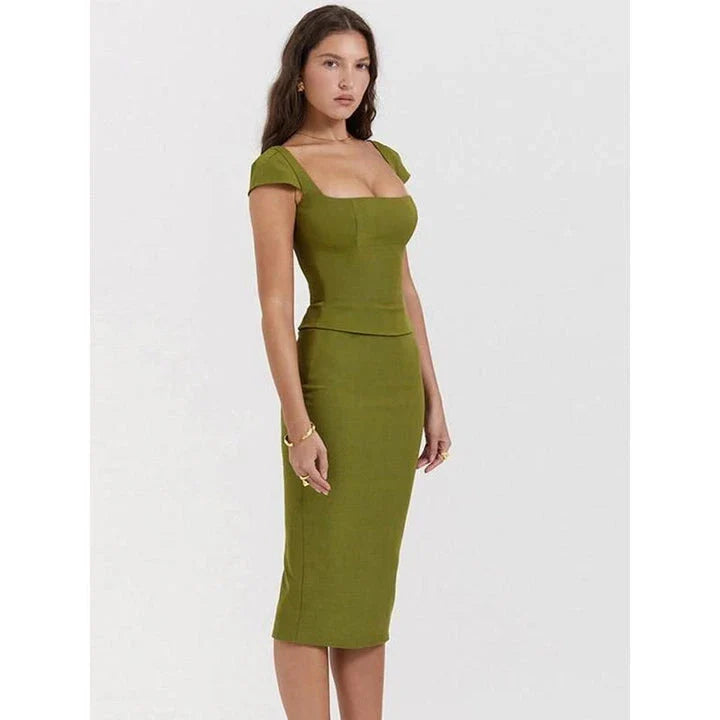 Green Sexy Women's Two Piece Set with Square Collar Short Sleeve Top and Midi Skirt in Bodycon Fit