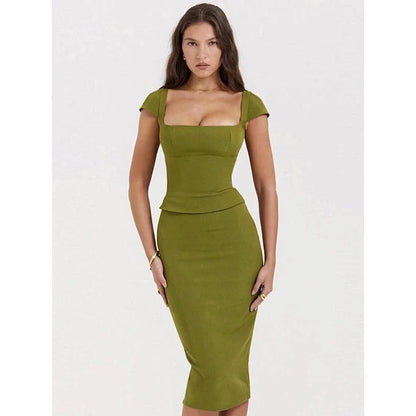Green Sexy Women's Two Piece Set with Square Collar Short Sleeve Top and Midi Skirt in Bodycon Fit