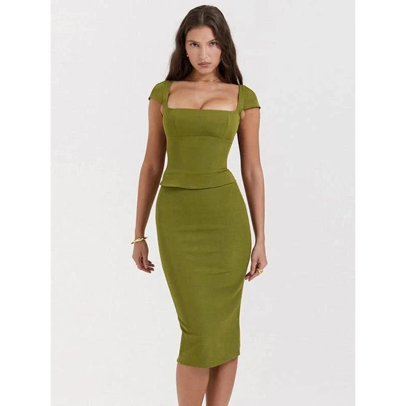 Green Sexy Women's Two Piece Set with Square Collar Short Sleeve Top and Midi Skirt in Bodycon Fit