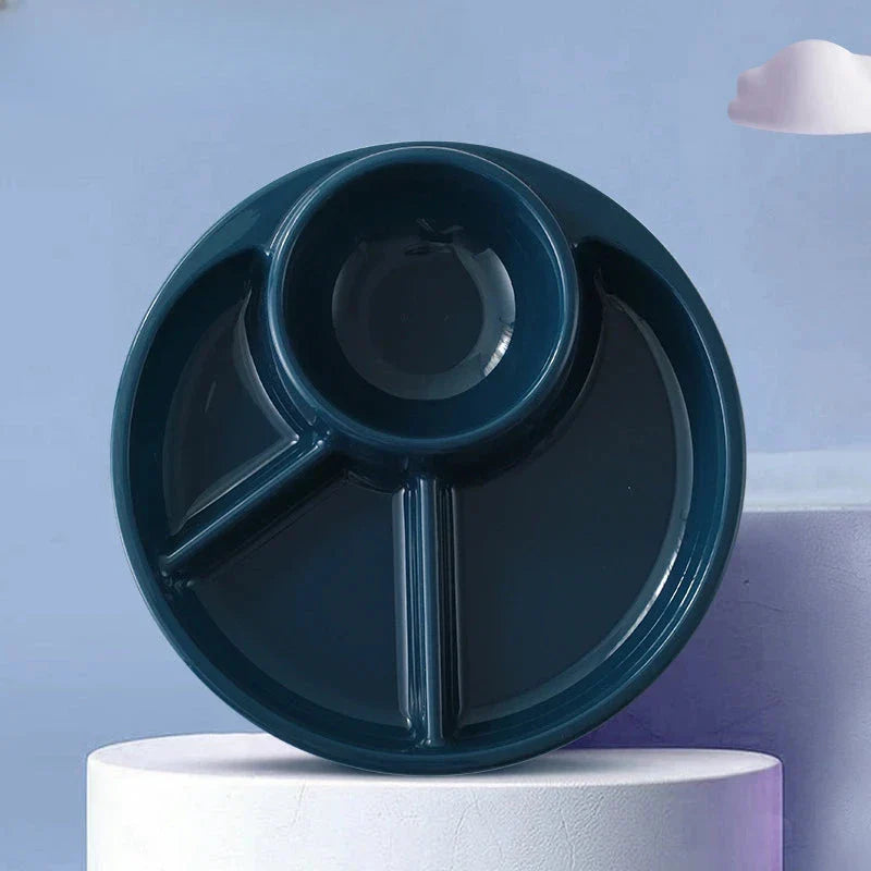 A blue bariatric portion control plate with clearly marked compartments for proteins, carbs, and vegetables
