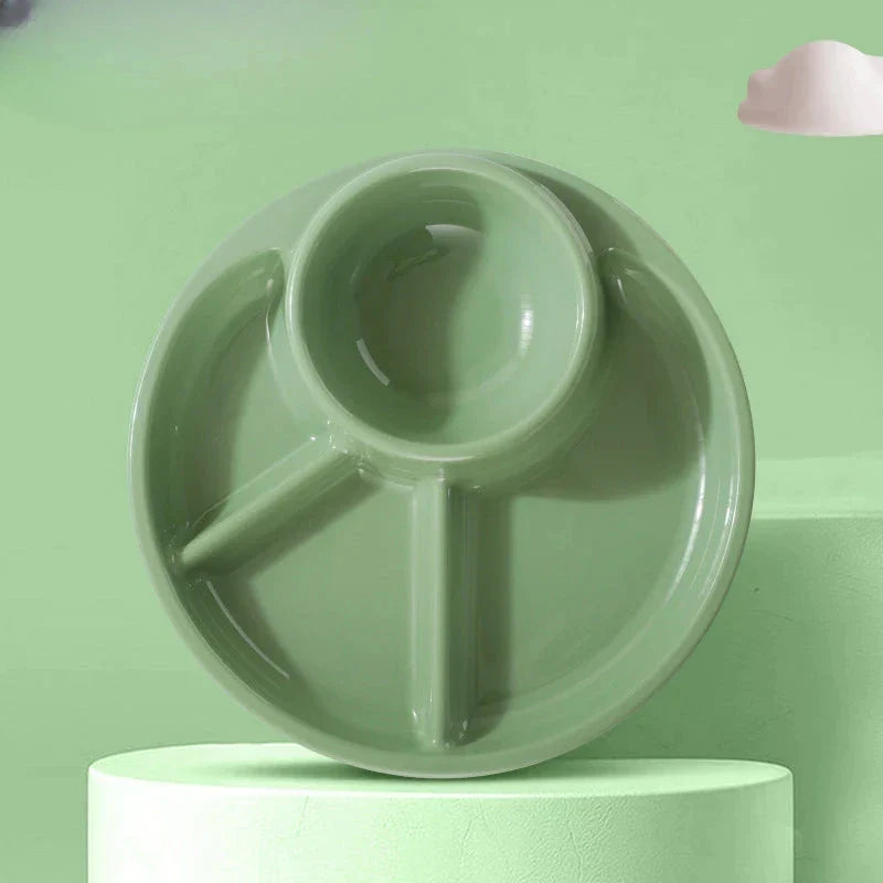 A blue bariatric portion control plate with clearly marked compartments for proteins, carbs, and vegetables