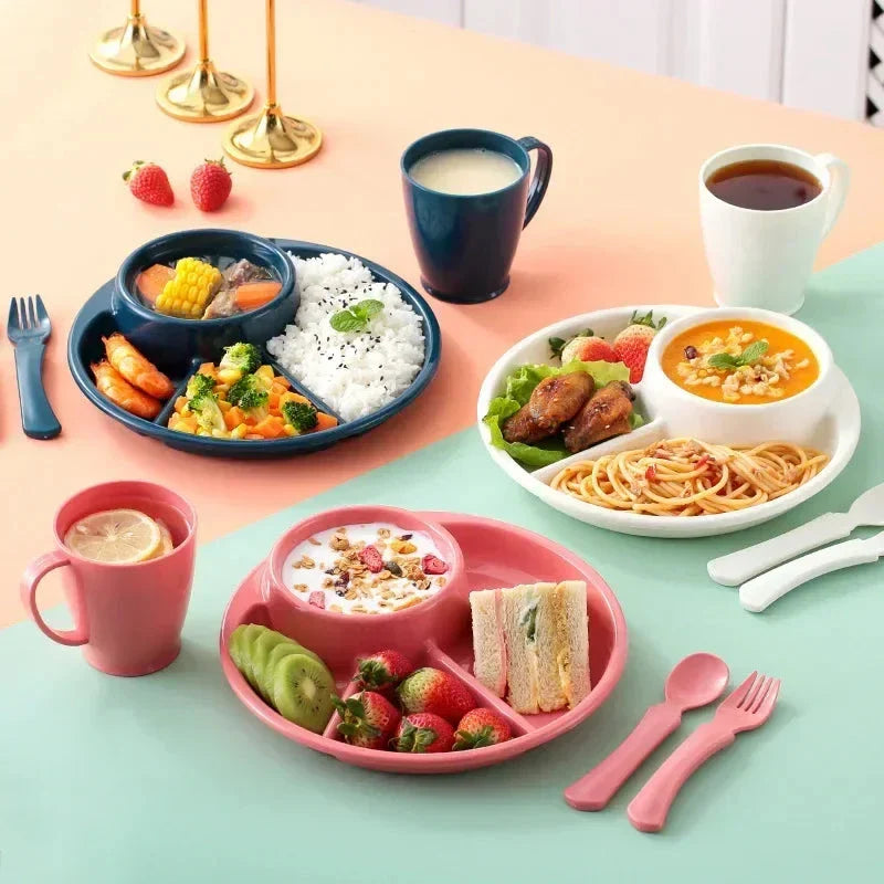 A blue bariatric portion control plate with clearly marked compartments for proteins, carbs, and vegetables